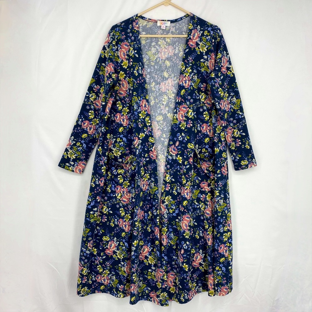 LuLaRoe Womens Size Medium Duster Cardigan Sweater Blue Pink Green Floral Knit